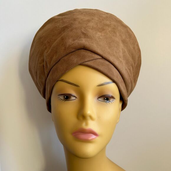 Vintage Accessories - Vintage 60s Tan Suede Structured Tall Turban Style Hat By Elysees DEADSTOCK